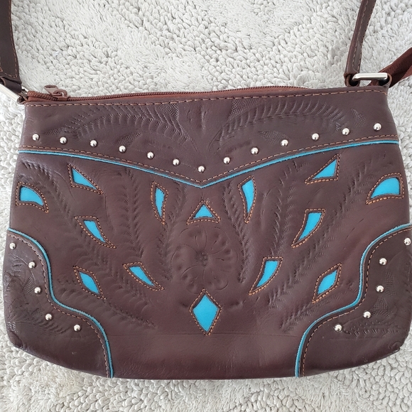 BOHO Western Leather Handbag Floral Tooled Turquoise Cut Outs Pockets Cowgirl - Picture 3 of 15